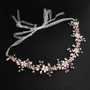 

Baroque Rose Gold Flower Leaf Hairband Crystal Wedding Party Tiara Headbands Women Pearl Headpiece Bridal Hair Accessories