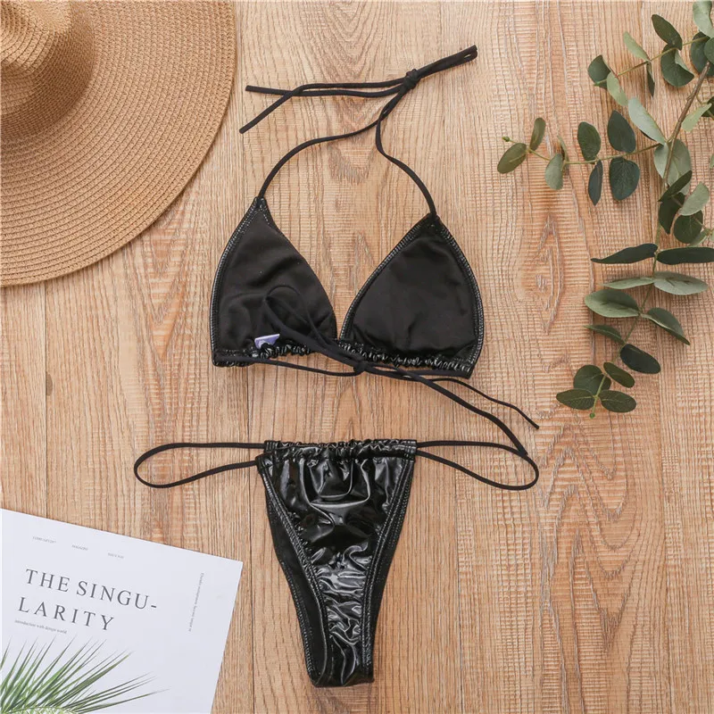 Sexy Bright Leather Bikini Deep V Swimwear Women Swimsuit Halter Push Up Bikini Set Bandage Bathing Suits Summer Beach Wear