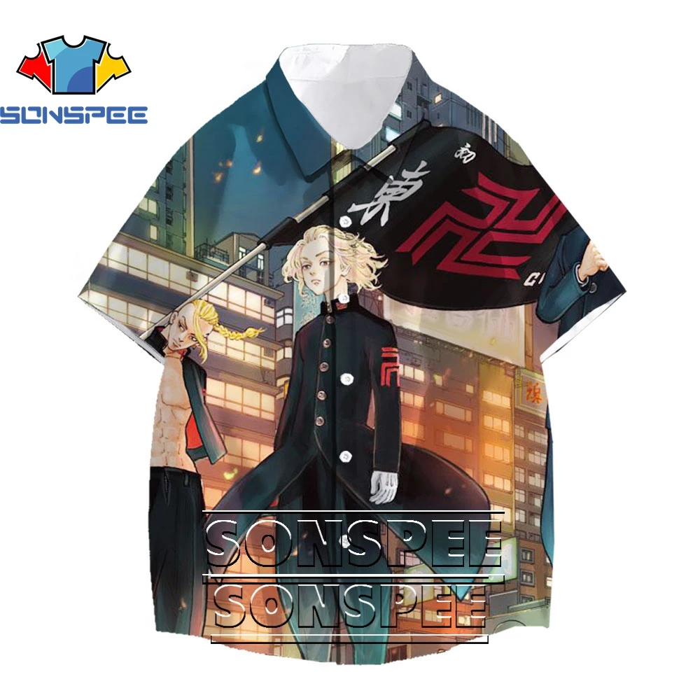 SONSPEE 3D Tokyo Avengers Anime Printed Shirt Japanese Campus Student Style Casual Cartoon Fashion Oversized Men's Short Sleeve sonspee 3d anime full metal panic printed shirt men s oversized sci fi mecha harajuku japanese campus style casual short sleeve