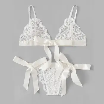 

V Neck Sleeveless Lace White 1Set Adjustable Women Sleepwear Sexy lingerie Set Black Elastic Flower Soft Comfortable Hollow Out