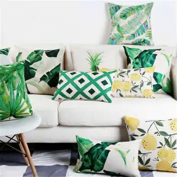 

Plant Green Leaf Pattern Cotton Linen Pillowcase for Home Office Seat Decor Sofa Waist Cushion Cover 18''