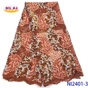 

NIAI Burnt Orange Latest African Lace Fabric 2019 High Quality Lace French Nigerian Sequence Lace Fabrics With Sequins NI2401-3