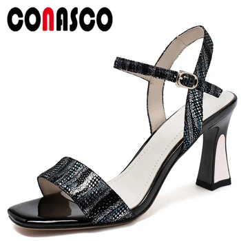 

CONASCO Elegant Fashion Concise Women Sandals Pumps Summer Genuine Leather Wedding Casual Party Buckle Thick Heels Shoes Woman