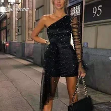 2019 ผู้หญิงใหม่แฟชั่นเซ็กซี่ Beaded One Shoulder SHEER ตาข่ายผ้าม่านแขนยาว Bodycon Club PARTY Dress Vestidos(China)