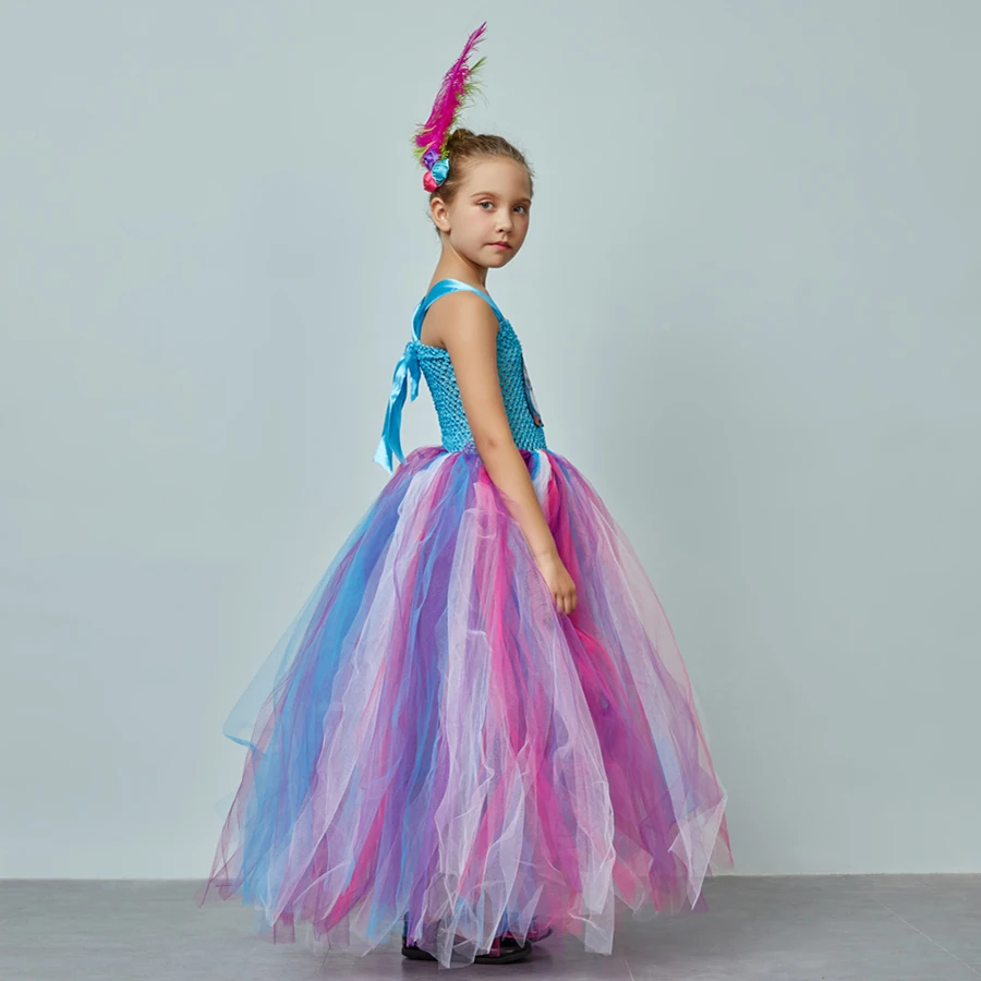 Fluffy Girls Blue Owl Gown Tutu Dress With Feather Hair Clip Children Birthday Party Pageant Animal Costume Kids Photo Dress (4)