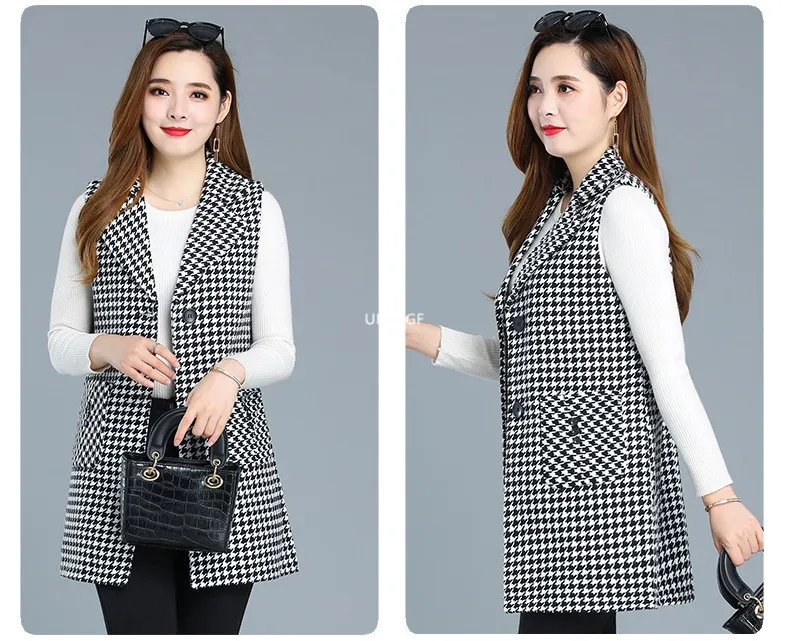 UHYTGF Sleeveless Women Jacket Single-Breasted Spring Autumn Vest Coat Fashion Plaid Casual Female 5XL Loose Size Waistcoat 1253