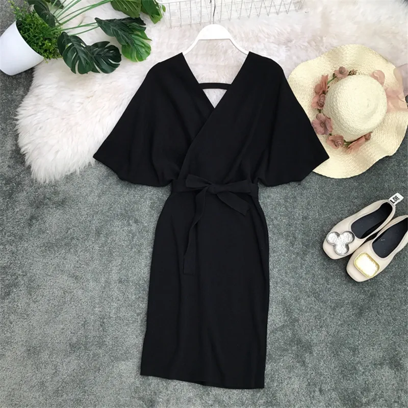 Sexy Dresses Solid Knitting Stretch C-neck Summer Dress Women Bow Lace Up Bodycon Batwing Sleeve Slim Vestidos | Женская одежда
