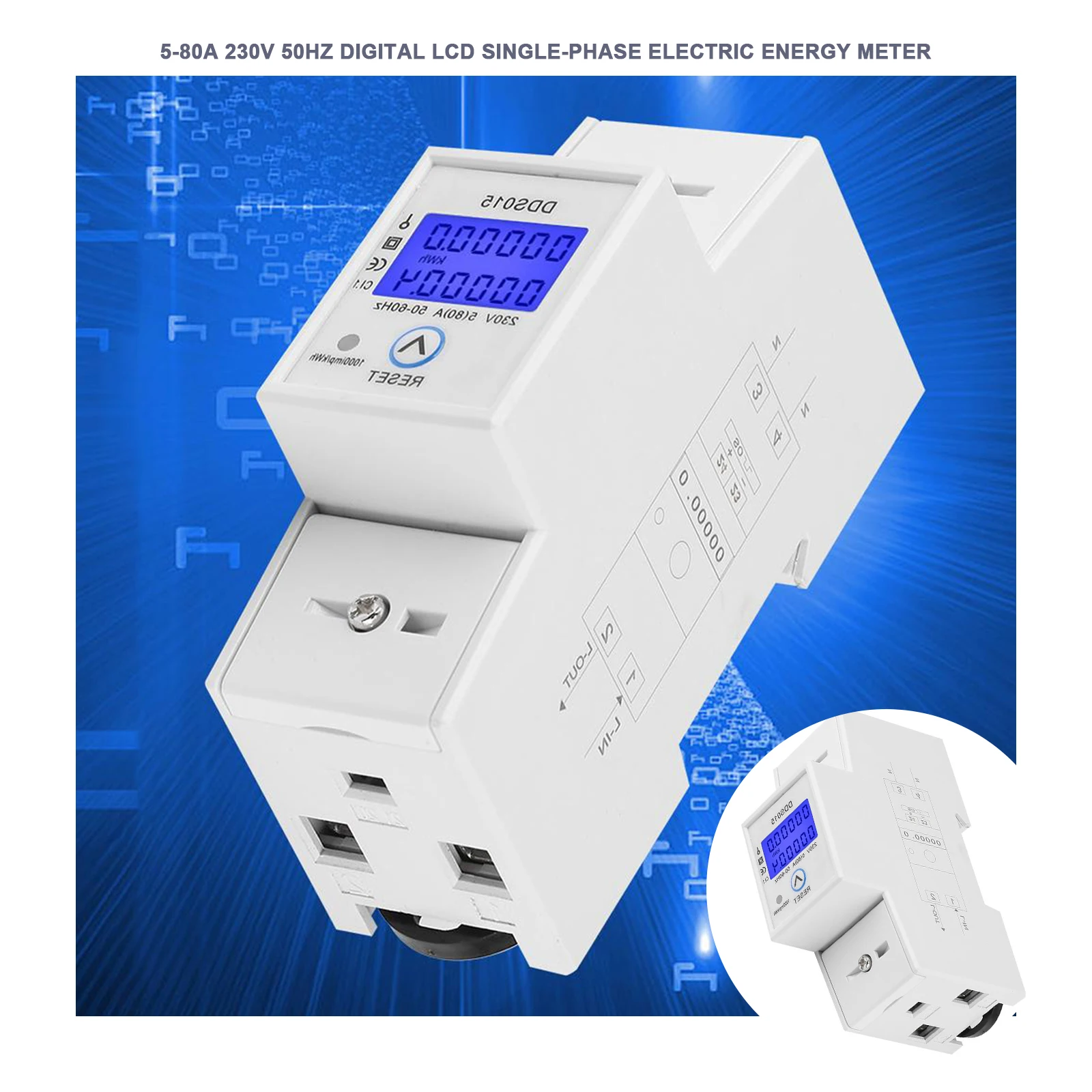 Electric Energy Meter 5-80A 230V 50Hz Digital LCD Single Phase Energy Consumption Wattmeter with DIN Rail Mounting DDS015 Electric Energy Meter 5-80A 230V 50Hz Digital LCD Single Phase Energy Consumption Wattmeter with DIN Rail Mounting DDS015