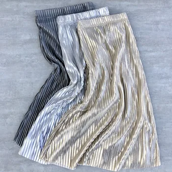 

Glitter Shiny High-waist Metallic Solid Pleated Skirt Club Night Party Wear 2020 Spring and Summer Women