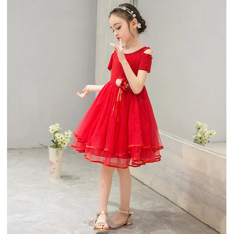 Skyyue/Платья с цветочным узором для девочек на свадьбу и Детские вечерние платья с аппликацией из тюли для причастия От 3 до 8 лет с круглым вырезом и открытыми плечами A09 - Цвет: Red