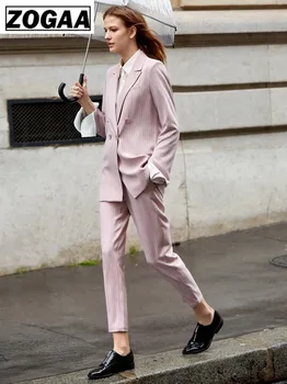 

ZOGAA New Woman's Business Set Casual Singer-Breasted Striped Women's Suit Full Length Slim Female Pant Cotton Turn-down Collar