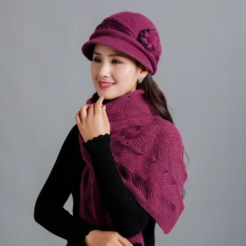 New Winter Women Rabbit Fur Hat Scarf Set Lady Warm Wool Knitted Plush Hat Scarf Crochet Sets Beanie Mother Caps Scarf Shawl Gif