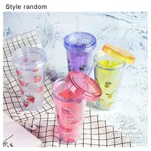 350 мл пластиковая чашка для воды для путешествий, портативная двухслойная Питьевая чашка, плоская крышка, бутылка для воды с соломинкой, прекрасный фруктовый узор