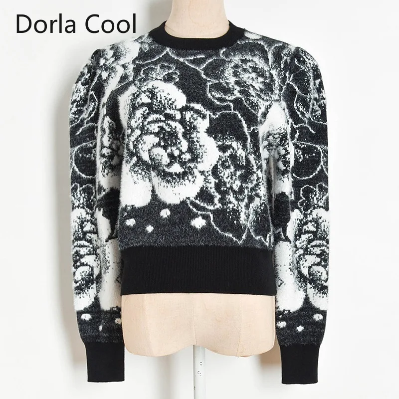 

New Women Mohair Short Sweaters Jacquard Flowers Puff Sleeves Lady's Vintage Party Tops Retro Designer Chic Streetwear Pullover