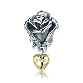 

Qikaola Authentic 925 Sterling Silver Rose Flower with You in Heart Dangle Charm fit Bracelet Jewelry Valentine Day Gift C455