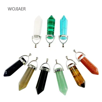 

WOJIAER Wholesale 10pcs Natural Crystal Stone Pendants Red Hexagonal Column Energy Pendant Women Men Necklaces Jewelry ZBM128