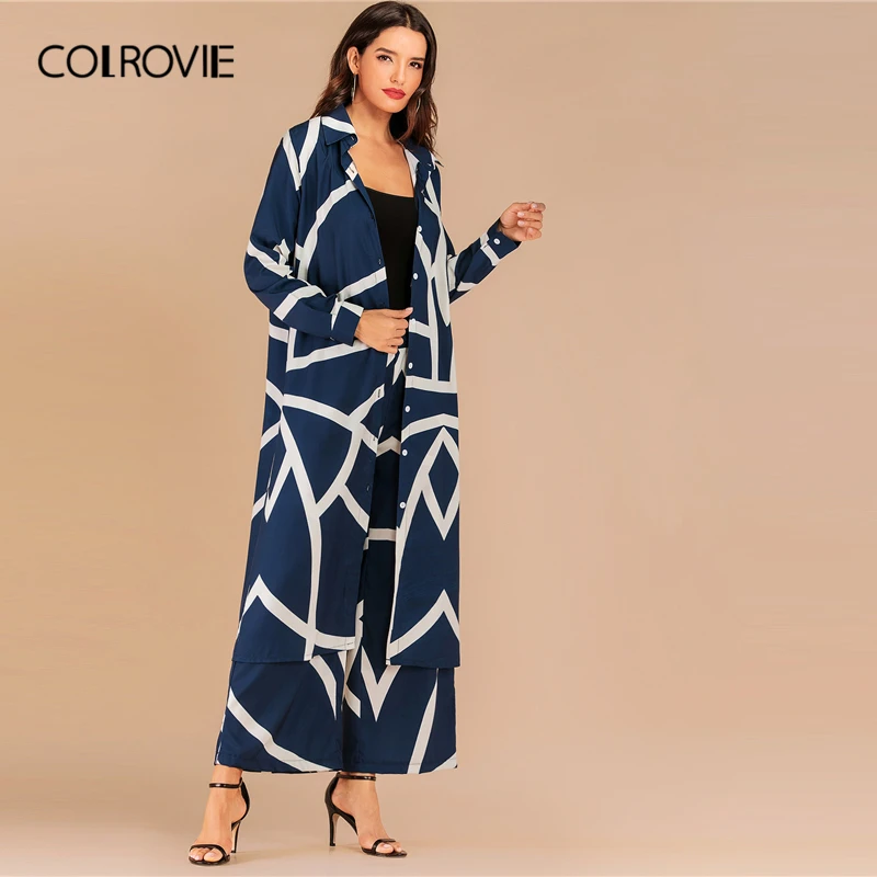 COLROVIE темно-синяя длинная рубашка с геометрическим принтом и пуговицами спереди и брюки, комплект элегантных брюк, модный осенний Женский комплект