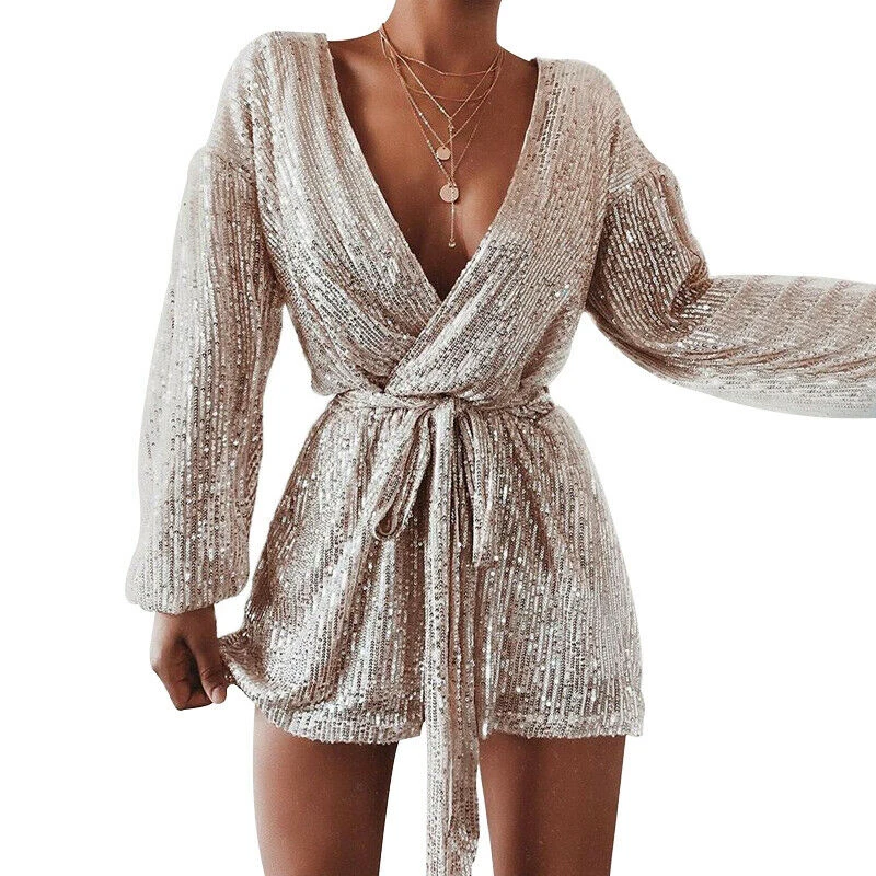 Elegant Party Rompers Female Sexy V-neck Sequins Overalls Casual Long Sleeve Club Short Jumpsuit Women Sexy Mini Playsuit