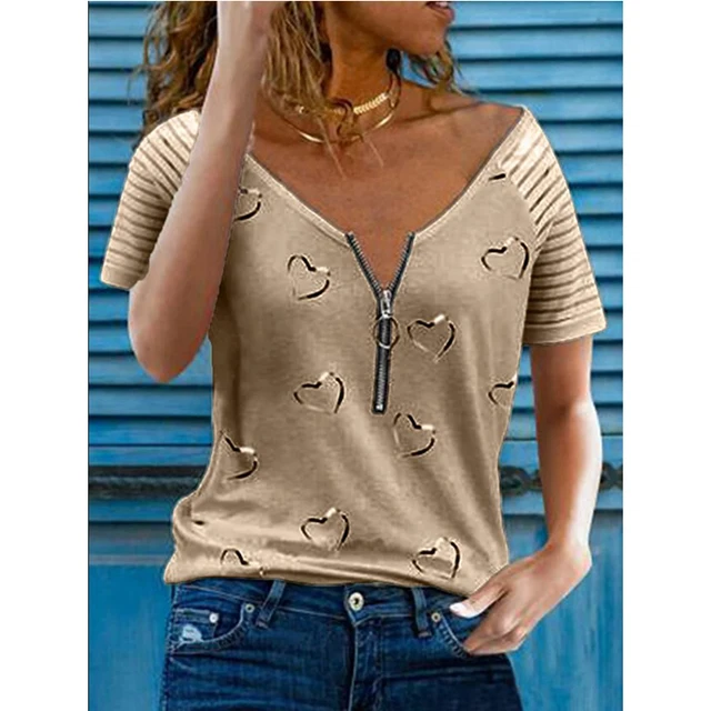 Женская футболка с принтом V образным вырезом на молнии 3