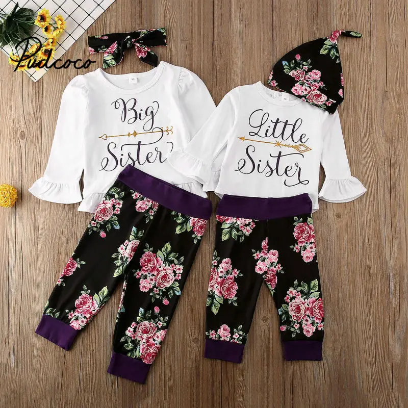 

pudcoco Floral Kid Baby Girl 2020 Spring New Years Big Sister And Little Sister Matching Clothes Girls Letter Print Family Set