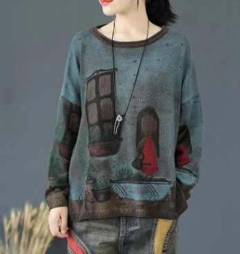 Женский свитер осенний вязаный большой размер свободные пуловеры новые женские ретро-топы круглый вырез с длинным рукавом персонаж Повседневный свитер - Цвет: Coffee color