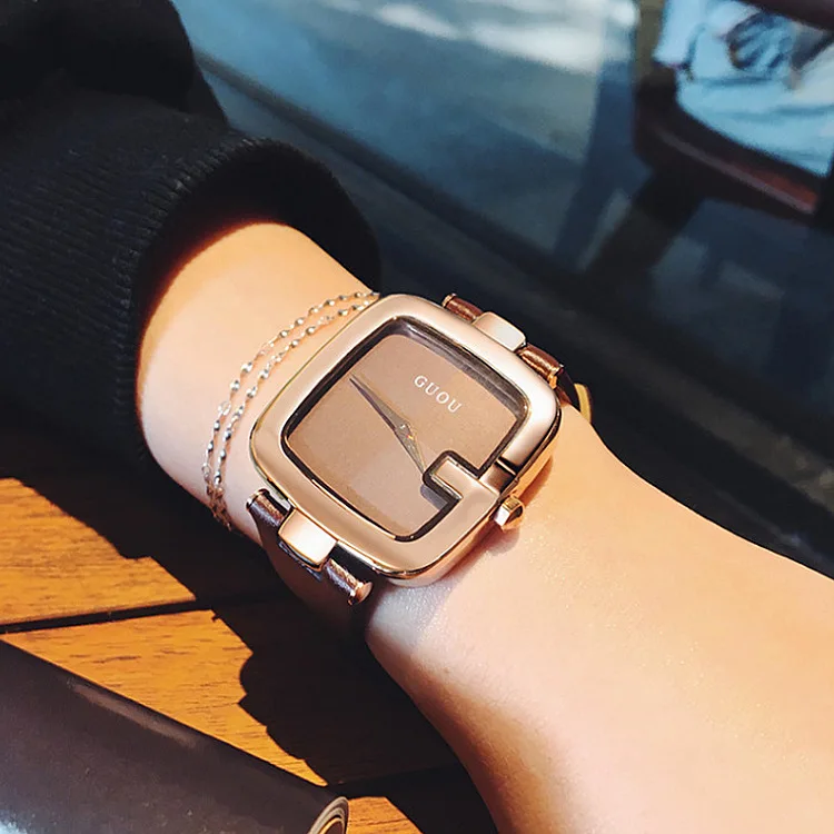 

Hong Kong guou Cool Square Trend of Fashion Rose Gold Elegant Women's Coffee Belt Watch