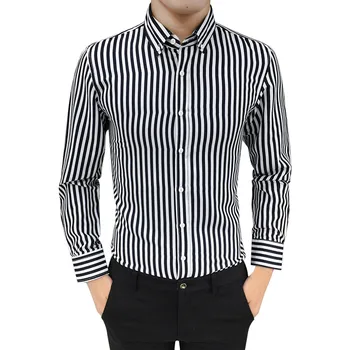 

Men's Contrast Vertical Striped Dress Shirts High-quality Comfortable Cotton Long Sleeve Classic Striped Male Social Shirts 7.24