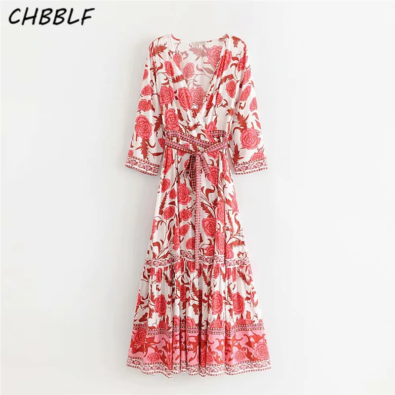 

CHBBLF women print mid idress bow tie sashes cross V neck female casual long sleeve dresses vestidos WDD60262