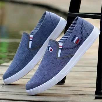 

New fashion canvas shoes deodorant breathable men's shoes tide shoes non-slip male students stripes casual flat shoes Blue khaki