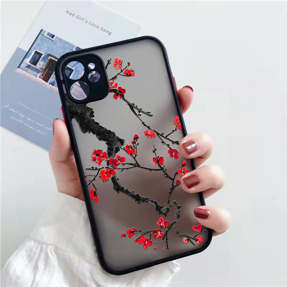 Plum Blossom Flower Iphone 13 12 XS 11 Pro Max Mini Chinese Style Painting Case for  X XR SE2020 7 8 Plus Red Floral Design Case