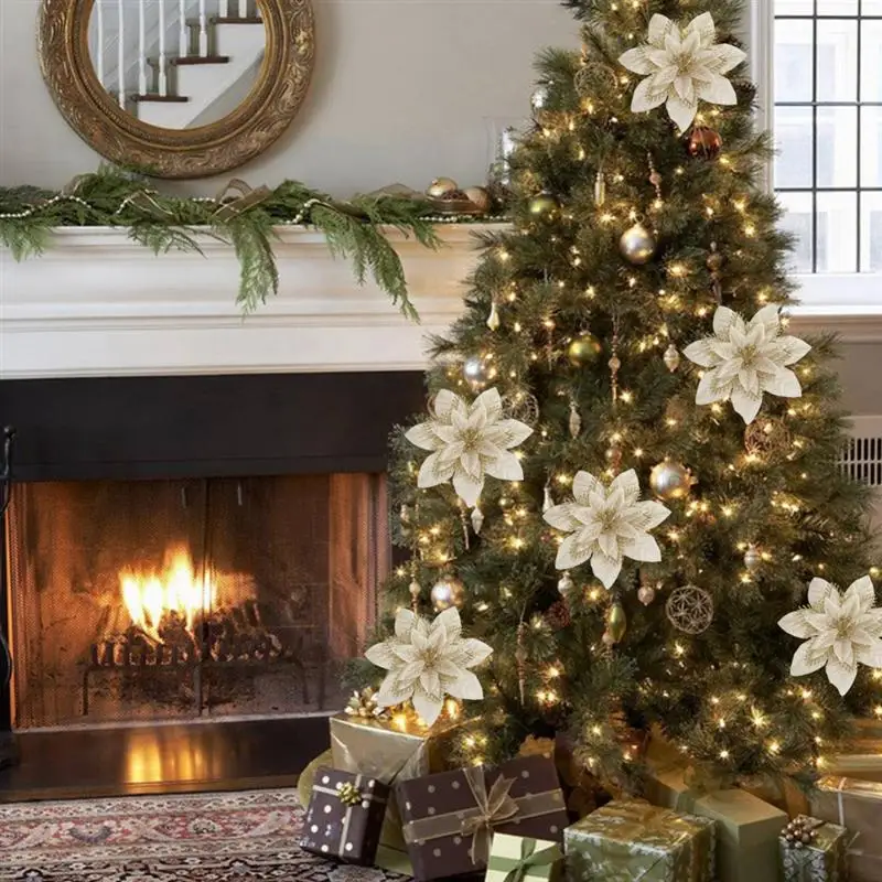 10 шт. реалистичные искусственные цветы для украшения блестки Poinsettia поддельные цветы DIY домашний свадебный Декор Цветок голова Рождество