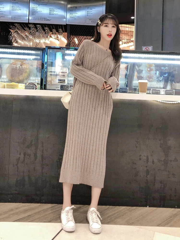 Neck Ribbed Knitted Dresses Women 
