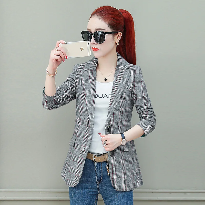 

Figure Rong Suit Jacket Female Spring Autumn Korean-style Retro Fashion Network Red Plaid Suit Short-height Casual Tops