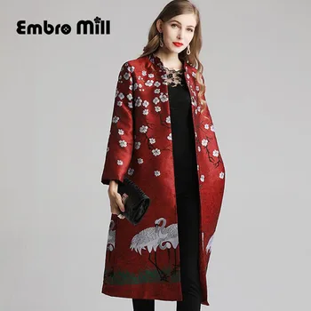 

Autumn The New Jacquard coat Indie Folk style Medium and long section Single-breasted Loose womens coat plus size M-3XL