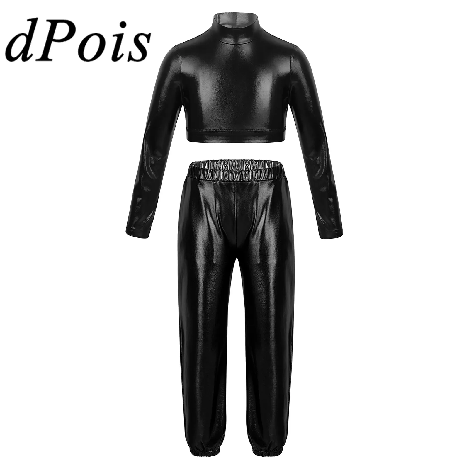 

Kids Girls Glossy Metallic Jazz Dance Costume Crop Top with Pants Children Set for Dancing Hip Hop Stage Performance Outfit