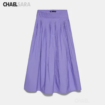 

2020 New Spring Summer Chic Purple Pleated Skirt Womens Solid Casual High Waist Midi Skirts