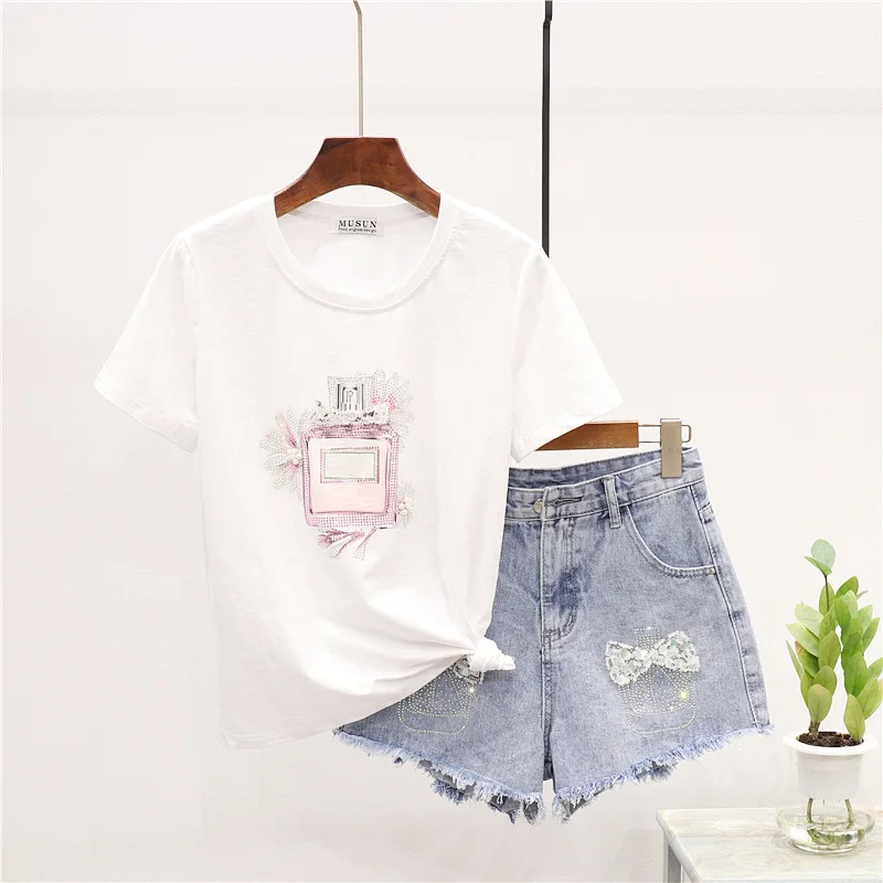 Летняя мода для женщин 2 шт алмаз печати Хлопок Футболка джинсовые шорты набор