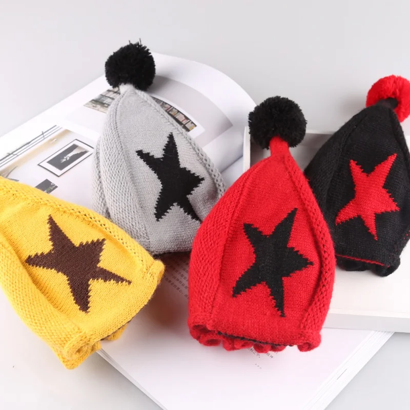 Осенне-зимняя повседневная модная вязаная шапка с вышивкой пятиконечной звезды для новорожденных, милая шапочка для малышей