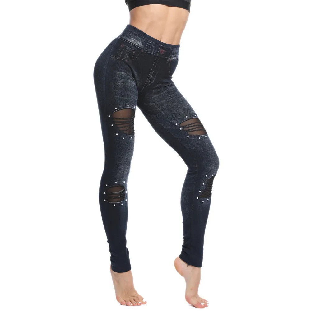 

Lady Sexy Street Printed Jeans Mesh Patchwork Beading Fitted Skinny Leggings Black Blue Imitation Denim Jeggings