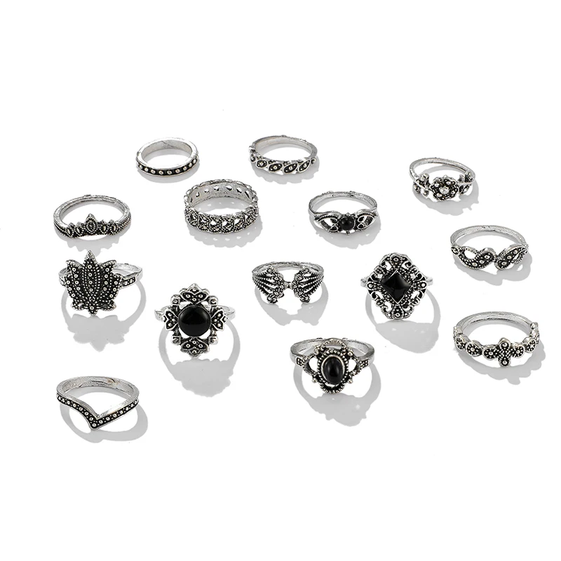 Tocona 14 pcs/sets Vintage Antique Silver Lotus Rings for Women Black Rhinestone Geometric Carve Flower knuckle Ring Jewelry9134