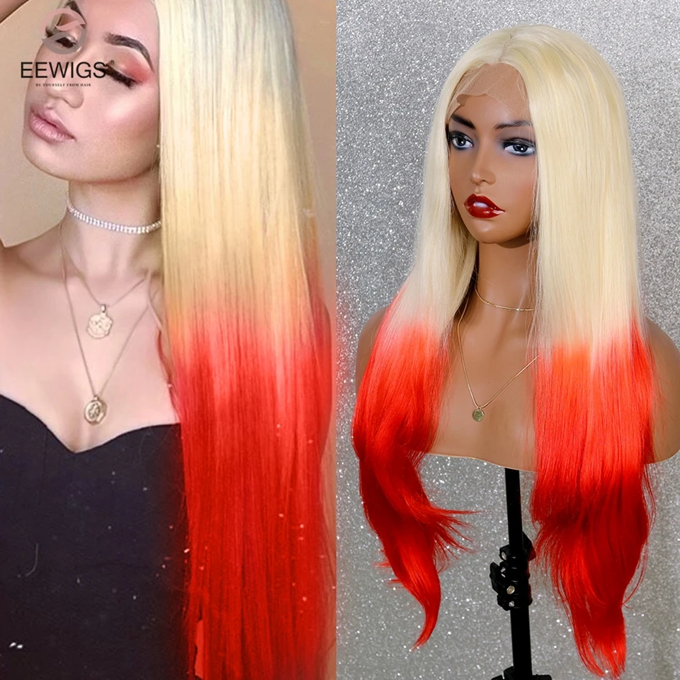 613 To Red EEWIGS эффектом деграде(переход от темного к парик 2 тон Цвет Желтый Красный синтетический термостойкий парик Синтетические волосы на кружеве парик длинные прямые Косплэй парики для Для женщин - Цвет: 613 To Red