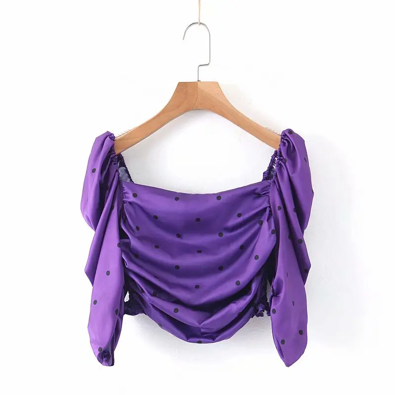  Designer stylish for love lemons cyndi top blouse and shirt vintage satin dot purple square neck pu