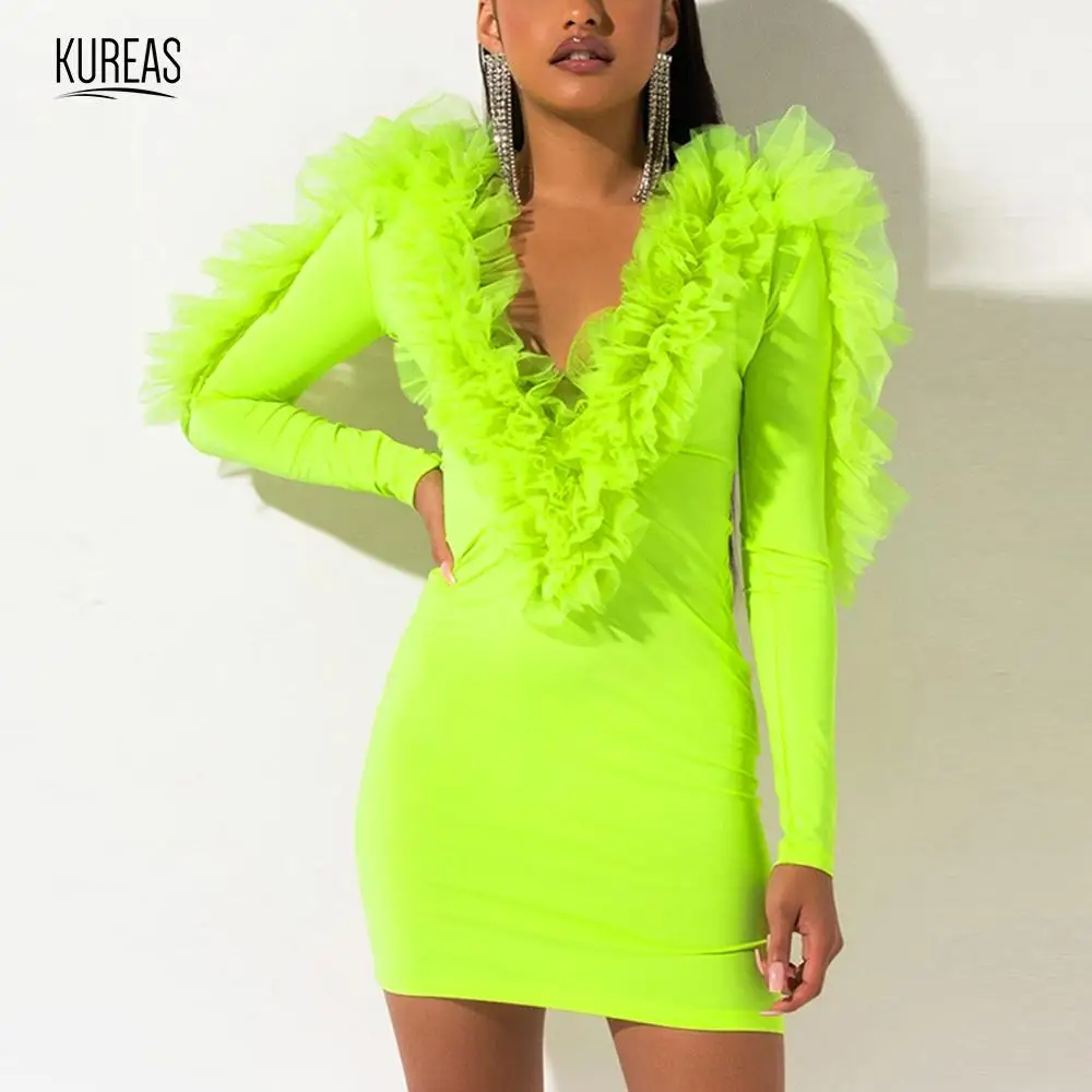 

Kureas Knitted Dress Women Sexy V Neck Ruffles Long Sleeve Mini Dresses Night Club Fluorescent Leopard Red Black White