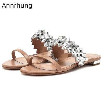 

Genuine Leather One-strap Beach Shoes Woman Crystal Diamond Decor Flat Slides Rhinestone Summer Slippers Women