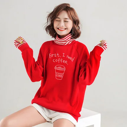 Regular 5023 Red Нновый Толстовки Для женщин осень и зима плюс бархатный лайнер водолазка Поддельные две штуки пуловеры свободная спортивная одежда 02 - Цвет: Regular 5023 Red
