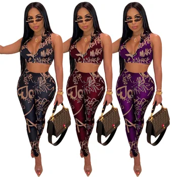 

2019 fashion autumn/winter new African national style European and American sexy letter print no sleeve outfit