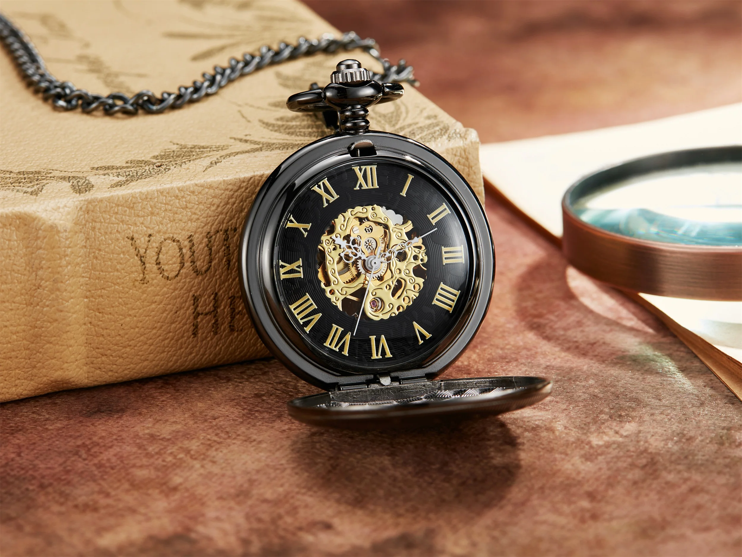 Gorben Mechanical Pocket Watch Men Bronze Skeleton Mechanical FOB Chain Necklace Clock Male Reljo Clock