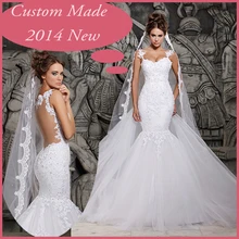 

2019 Designers White Lace And See Through Mermaid Wedding Dresses With Removable Train Bridal Dresses Tulle MH-101