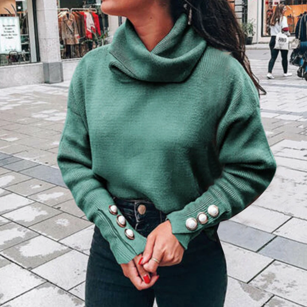

NIBESSER Turtleneck Sweaters Women Pullover Oversize Sweater Buttons Female Jumper Plus Sweater Green Blue Casual Sweater Jumper