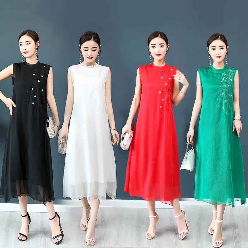 

Silk Dress Women's Summer New Style 2019 Loose-Fit Vest Skirt Chiffon Embroidery Type a Skirt